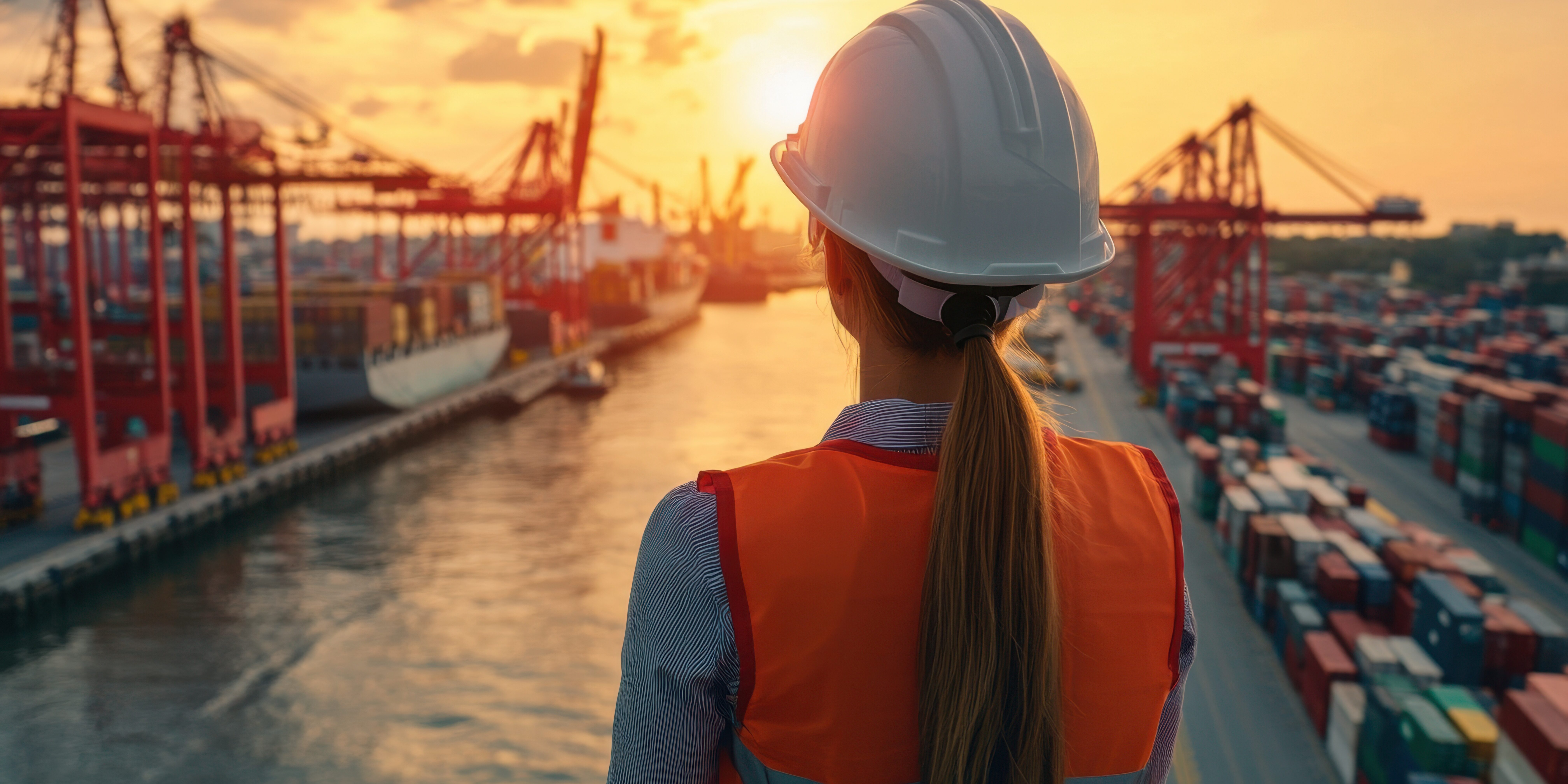 Woman in Safety Gear Overseeing Shipping Operations During Sunset at Busy Port with Cranes, Ships, and Containers in Background