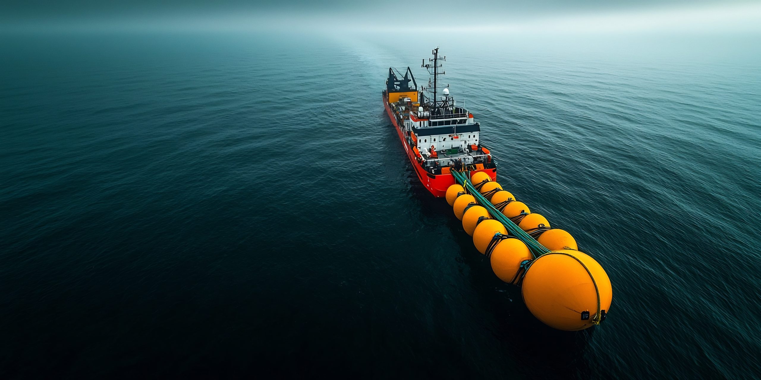 Expansive aerial view showcasing the scale and precision of a modern offshore seismic survey The survey vessel tows a complex network of hydrophone cables to chart the underwater terrain