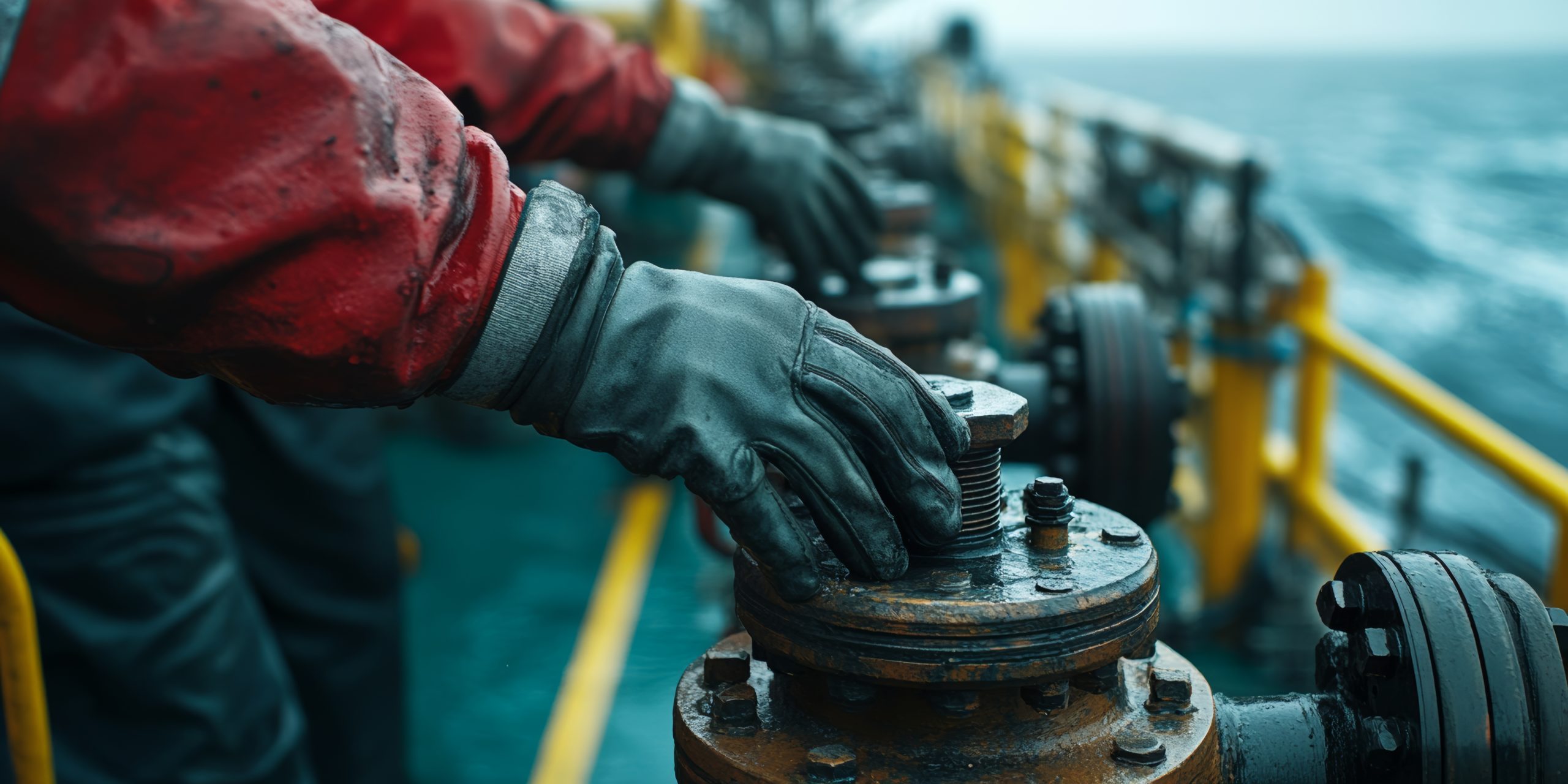 Maritime workers adjusting valves on tanker ship at sea
