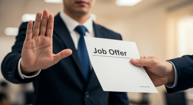 Job Offer Rejection Hand Gesture Refusing Job Offer Business Concept. Businessman rejects job offer with hand gesture in office setting