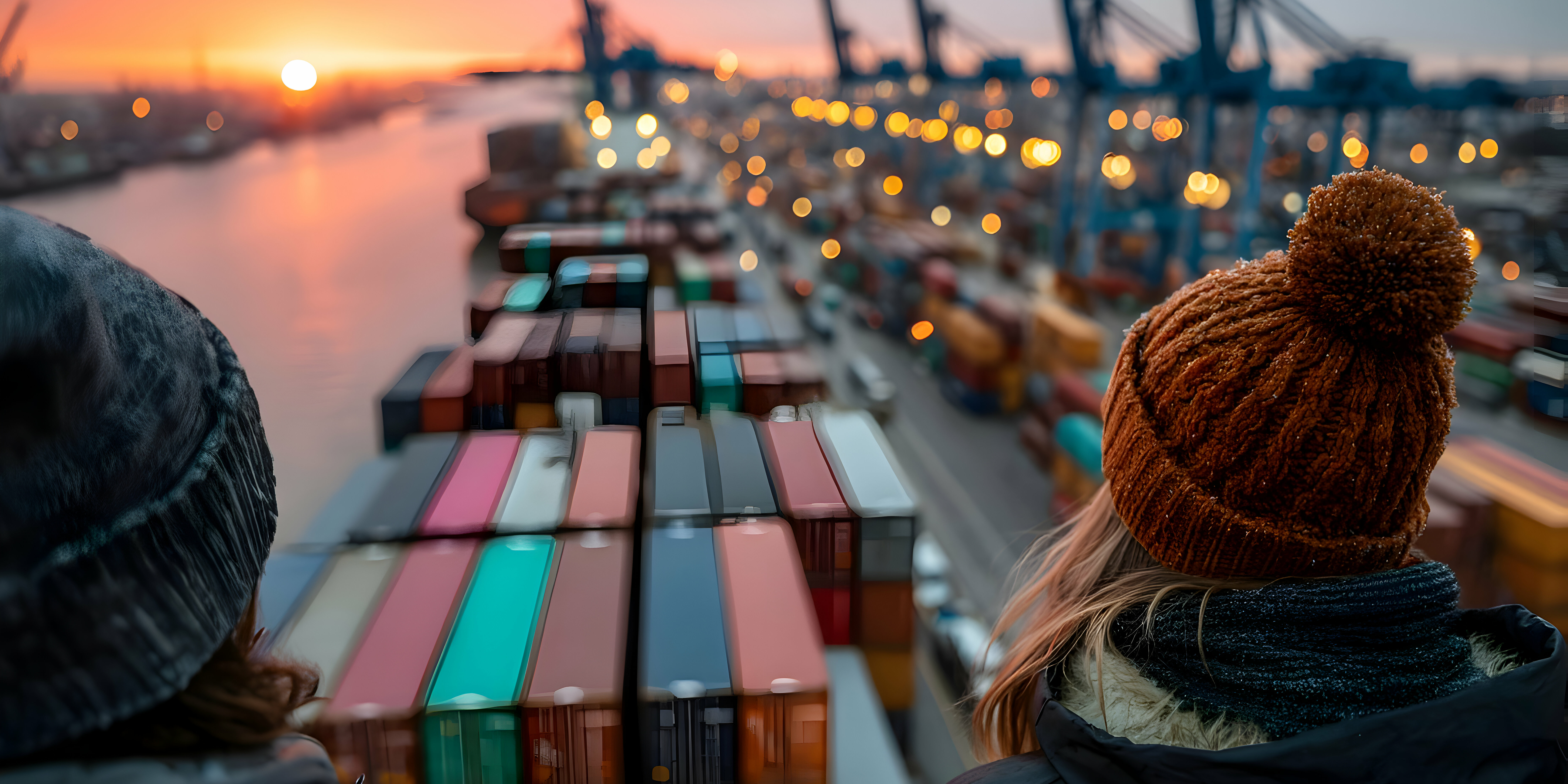 Sunset over Cargo Containers in Port