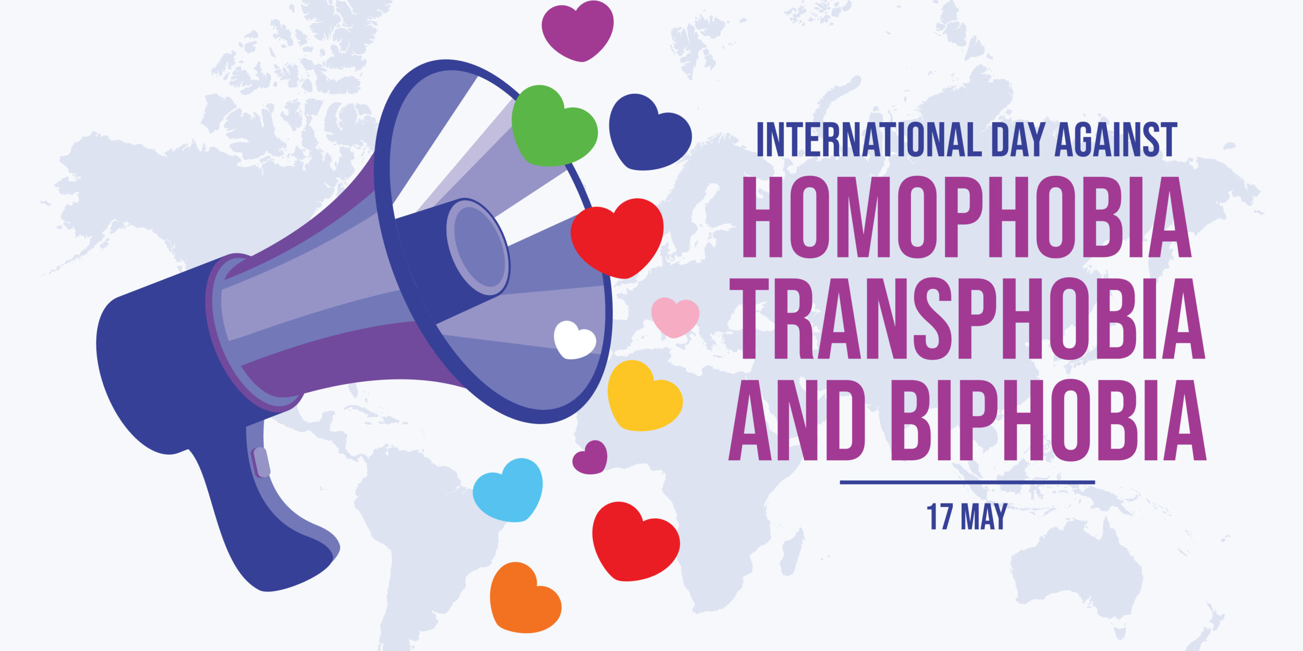 International Day Against Homophobia, Transphobia and Biphobia poster vector illustration. Loud speaker and colorful hearts vector. LGBTQIA megaphone love symbol. Template for background, banner, card